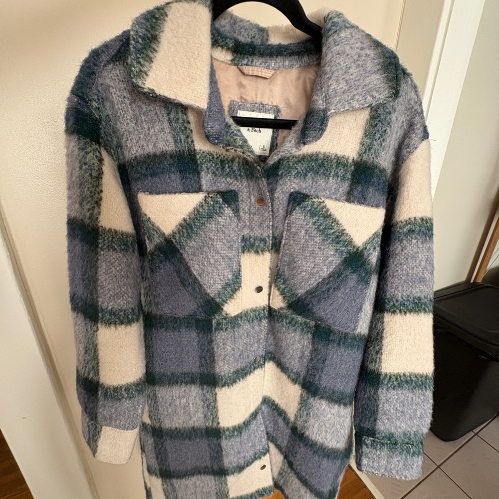 Plaid Wool Blend Jacket in Blue and Green